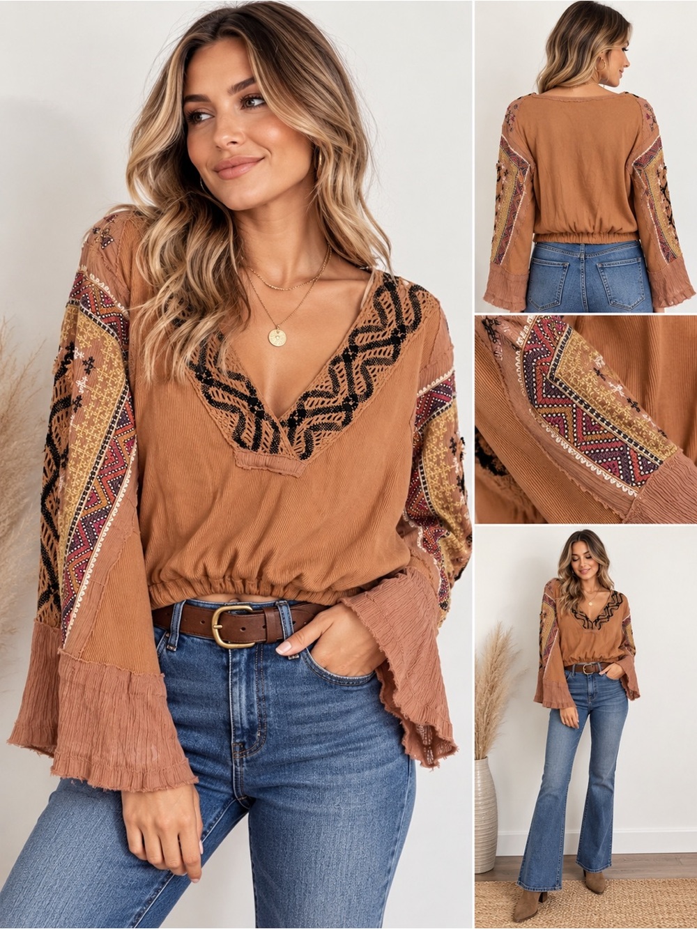 Free People Brown Embroidered Patchwork Boho Bell Sleeve Top S